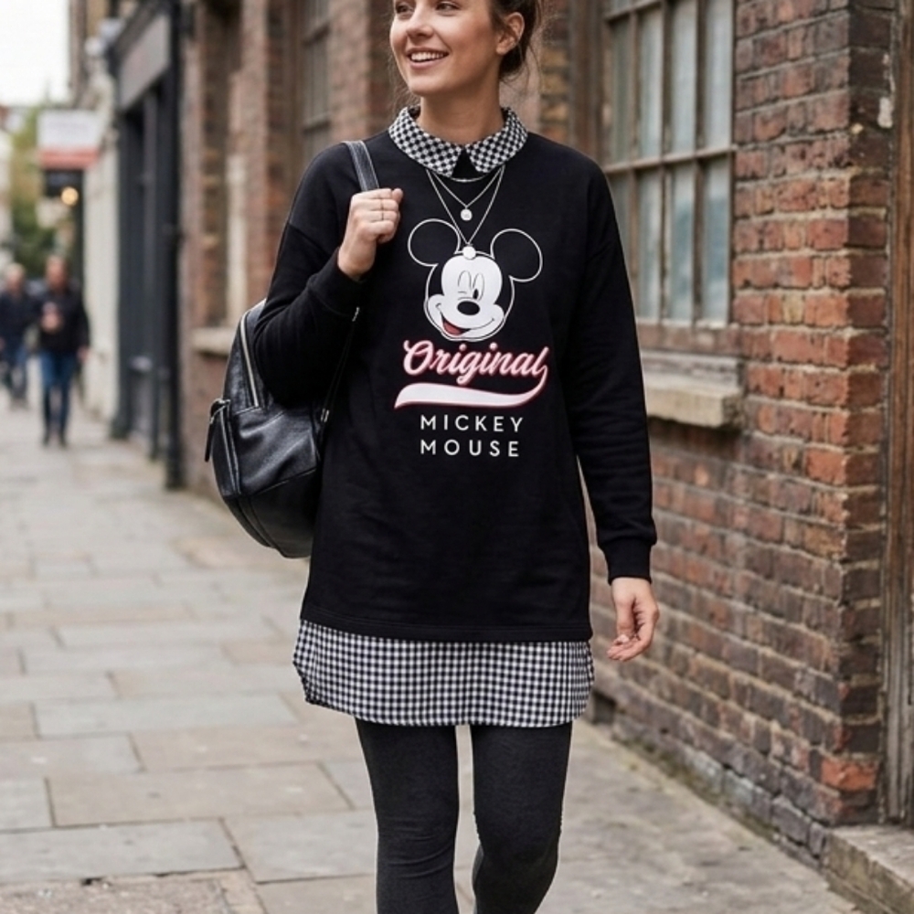 Disney Mickey Mouse Black Tunic Sweatshirt Size M Gingham Layered Graphic Cute